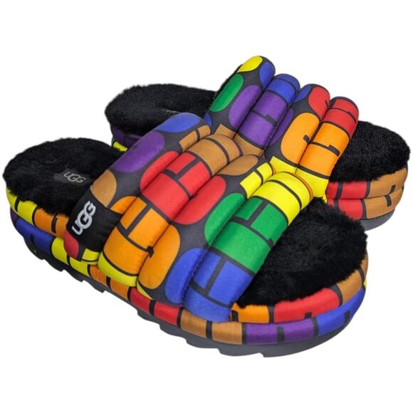 UGG Pride Maxi Rainbox Puff Slide Platform Sandals Womens 7 Multicolor Faux Fur - Picture 3 of 11